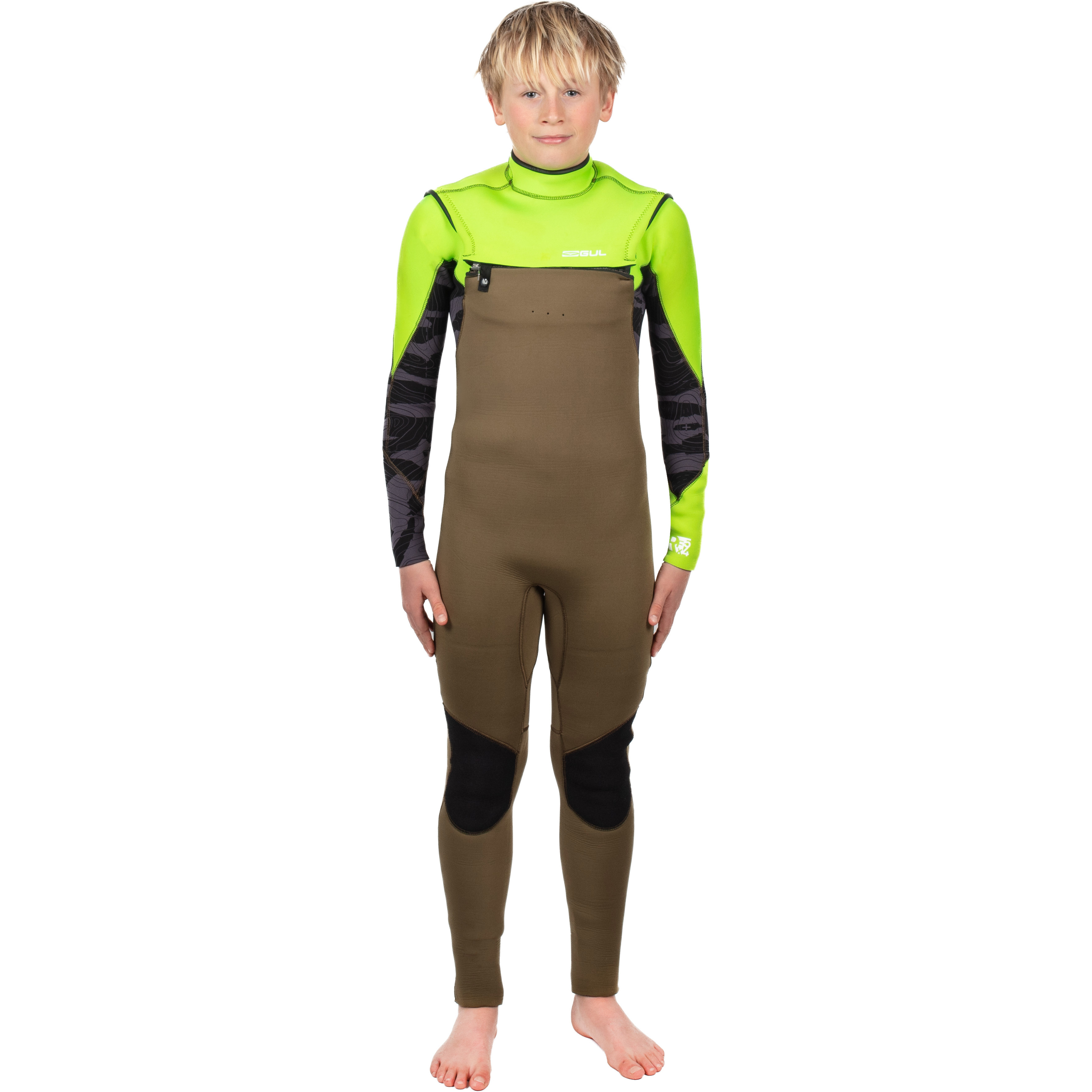 2025 Gul Junior Response 5/4mm GBS Chest Zip Wetsuit RE1251-C1 - Green / Sulphur